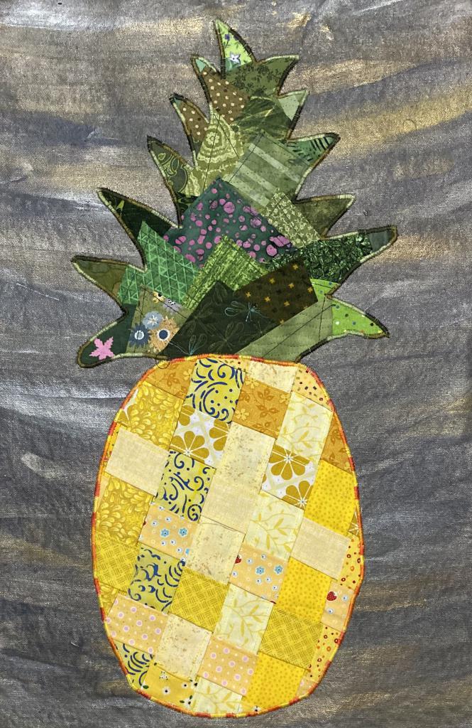 Woven pineapple fabric pineapples appliqued onto acrylic canvas