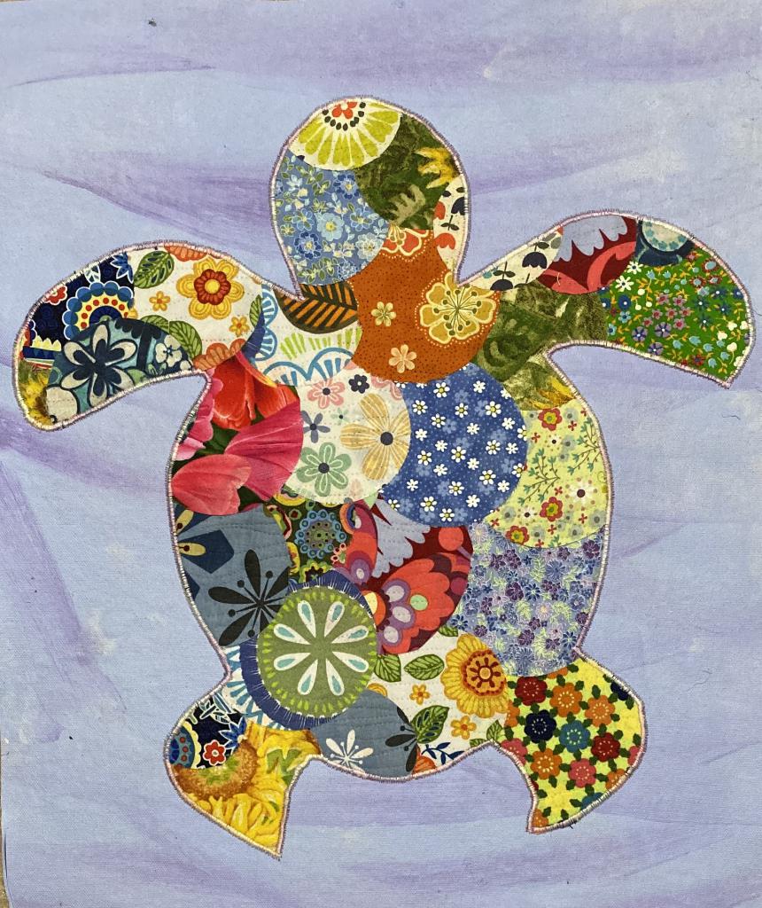Collage sea turtle appliqued onto acrylic canvas