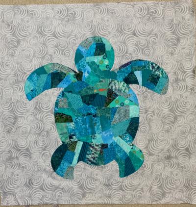 Shabby Sea Turtle, appliqued to background, work in progress